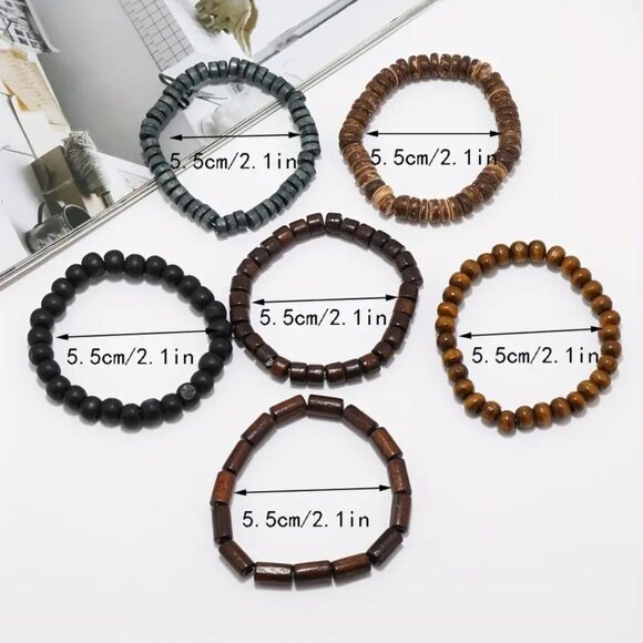 Bracelet Wood Bead Cuff 6pc Wrist Rock Edgy Boho Unisex Men's Trendy Stylish Fun - Picture 4 of 4